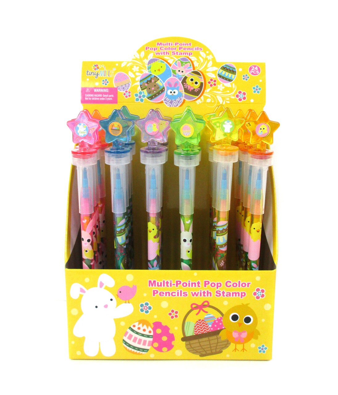 TINYMILLS 24 Pcs Easter 2 in 1 Stackable Stacking Crayon with Extra Stamper Topper, Easter Basket Filler
